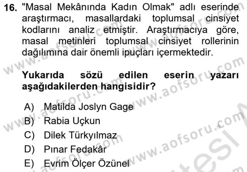 Halk Masalları Dersi 2025 - 2026 Yılı (Final) Dönem Sonu Sınav Soruları 16. Soru