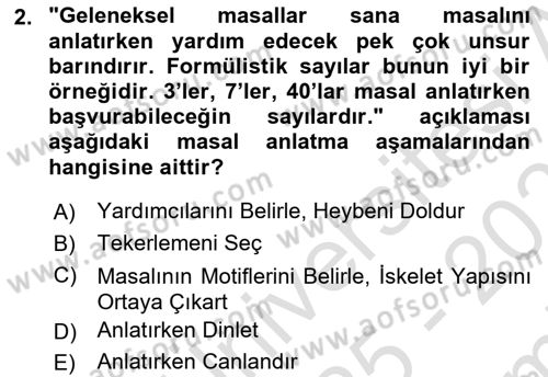 Halk Masalları Dersi 2025 - 2026 Yılı (Final) Dönem Sonu Sınav Soruları 2. Soru