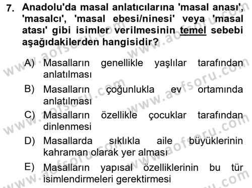 Halk Masalları Dersi 2025 - 2026 Yılı (Final) Dönem Sonu Sınav Soruları 7. Soru