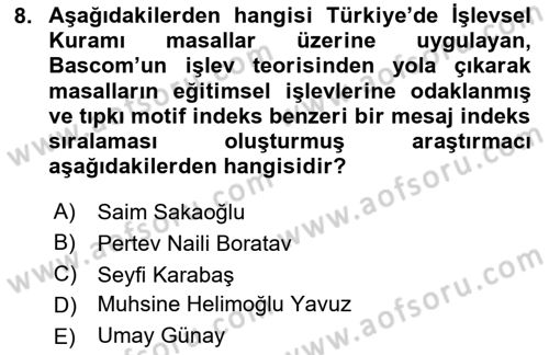 Halk Masalları Dersi 2025 - 2026 Yılı (Final) Dönem Sonu Sınav Soruları 8. Soru