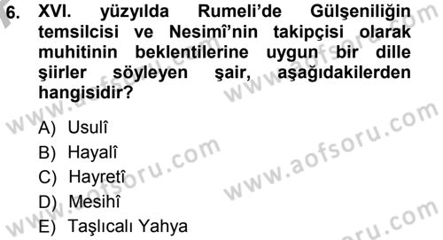 XVI. Yüzyıl Türk Edebiyatı Dersi 2012 - 2013 Yılı (Vize) Ara Sınav Soruları 6. Soru