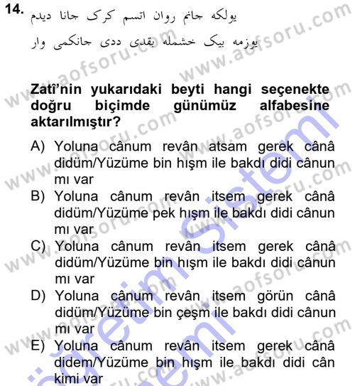 XVI. Yüzyıl Türk Edebiyatı Dersi 2012 - 2013 Yılı (Final) Dönem Sonu Sınav Soruları 14. Soru
