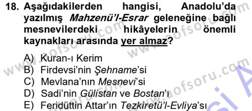 XVI. Yüzyıl Türk Edebiyatı Dersi 2012 - 2013 Yılı (Final) Dönem Sonu Sınav Soruları 18. Soru