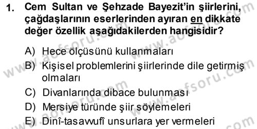 XVI. Yüzyıl Türk Edebiyatı Dersi Ara Sınavı Deneme Sınav Soruları 1. Soru