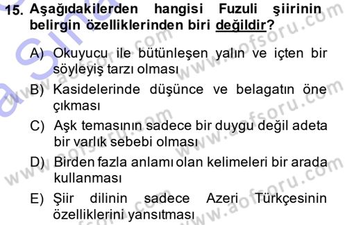 XVI. Yüzyıl Türk Edebiyatı Dersi Ara Sınavı Deneme Sınav Soruları 15. Soru