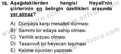XVI. Yüzyıl Türk Edebiyatı Dersi Ara Sınavı Deneme Sınav Soruları 16. Soru