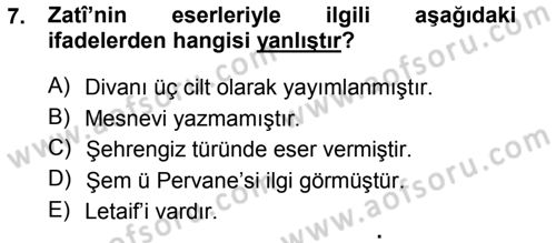 XVI. Yüzyıl Türk Edebiyatı Dersi 2013 - 2014 Yılı (Final) Dönem Sonu Sınav Soruları 7. Soru