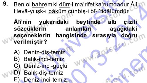 XVI. Yüzyıl Türk Edebiyatı Dersi 2013 - 2014 Yılı (Final) Dönem Sonu Sınav Soruları 9. Soru