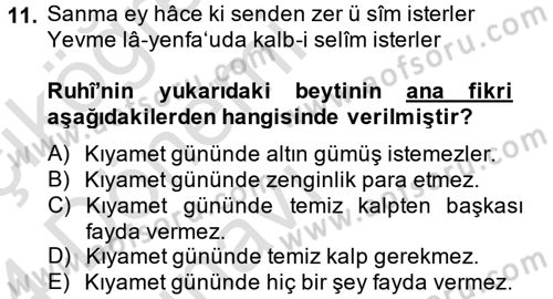 XVI. Yüzyıl Türk Edebiyatı Dersi 2013 - 2014 Yılı Tek Ders Sınav Soruları 11. Soru