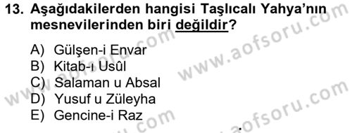 XVI. Yüzyıl Türk Edebiyatı Dersi 2013 - 2014 Yılı Tek Ders Sınav Soruları 13. Soru