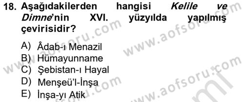 XVI. Yüzyıl Türk Edebiyatı Dersi 2013 - 2014 Yılı Tek Ders Sınav Soruları 18. Soru