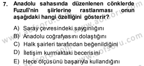 XVI. Yüzyıl Türk Edebiyatı Dersi 2013 - 2014 Yılı Tek Ders Sınav Soruları 7. Soru