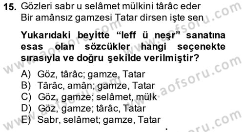 XVI. Yüzyıl Türk Edebiyatı Dersi Ara Sınavı Deneme Sınav Soruları 15. Soru