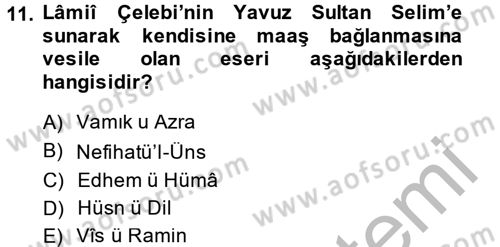 XVI. Yüzyıl Türk Edebiyatı Dersi 2014 - 2015 Yılı (Final) Dönem Sonu Sınav Soruları 11. Soru