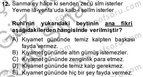 XVI. Yüzyıl Türk Edebiyatı Dersi 2014 - 2015 Yılı (Final) Dönem Sonu Sınav Soruları 12. Soru