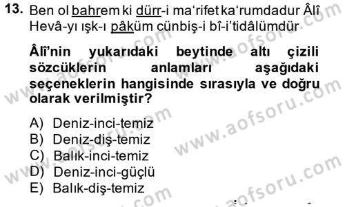 XVI. Yüzyıl Türk Edebiyatı Dersi 2014 - 2015 Yılı (Final) Dönem Sonu Sınav Soruları 13. Soru