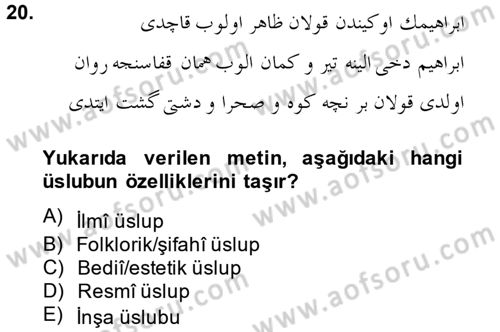 XVI. Yüzyıl Türk Edebiyatı Dersi 2014 - 2015 Yılı (Final) Dönem Sonu Sınav Soruları 20. Soru