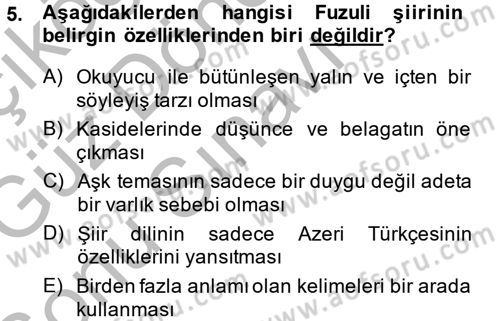 XVI. Yüzyıl Türk Edebiyatı Dersi 2014 - 2015 Yılı (Final) Dönem Sonu Sınav Soruları 5. Soru