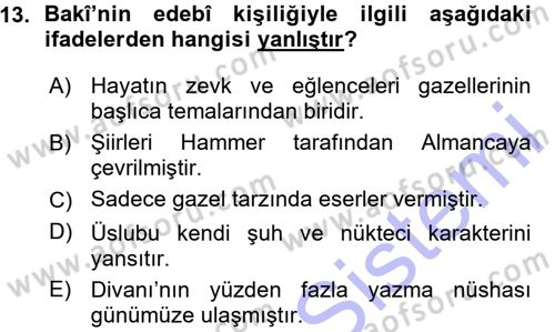 XVI. Yüzyıl Türk Edebiyatı Dersi 2015 - 2016 Yılı (Vize) Ara Sınav Soruları 13. Soru