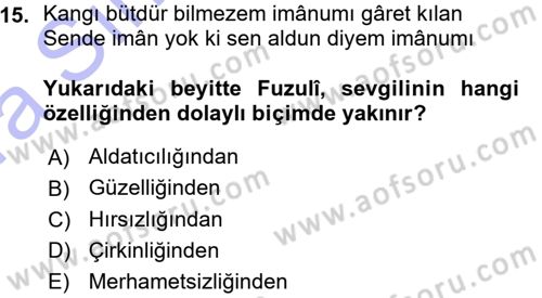 XVI. Yüzyıl Türk Edebiyatı Dersi 2015 - 2016 Yılı (Vize) Ara Sınav Soruları 15. Soru