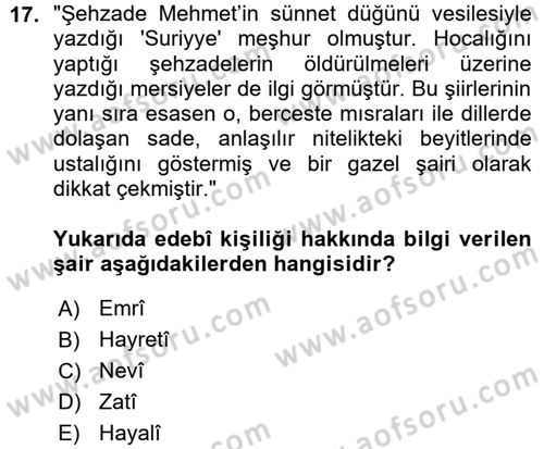 XVI. Yüzyıl Türk Edebiyatı Dersi 2015 - 2016 Yılı (Vize) Ara Sınav Soruları 17. Soru