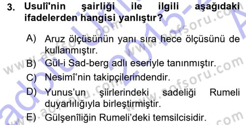 XVI. Yüzyıl Türk Edebiyatı Dersi 2015 - 2016 Yılı (Vize) Ara Sınav Soruları 3. Soru