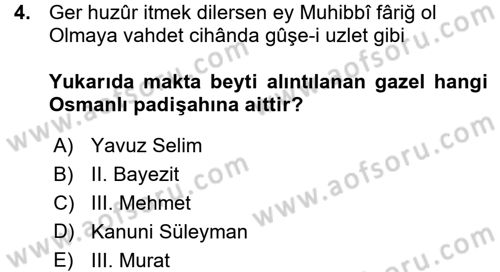 XVI. Yüzyıl Türk Edebiyatı Dersi 2015 - 2016 Yılı (Vize) Ara Sınav Soruları 4. Soru