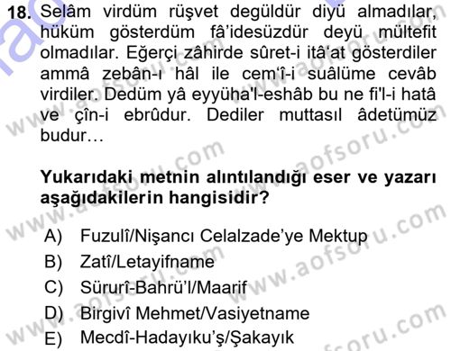 XVI. Yüzyıl Türk Edebiyatı Dersi 2015 - 2016 Yılı (Final) Dönem Sonu Sınav Soruları 18. Soru