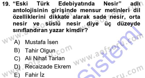 XVI. Yüzyıl Türk Edebiyatı Dersi 2015 - 2016 Yılı (Final) Dönem Sonu Sınav Soruları 19. Soru