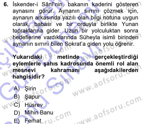 XVI. Yüzyıl Türk Edebiyatı Dersi 2015 - 2016 Yılı (Final) Dönem Sonu Sınav Soruları 6. Soru