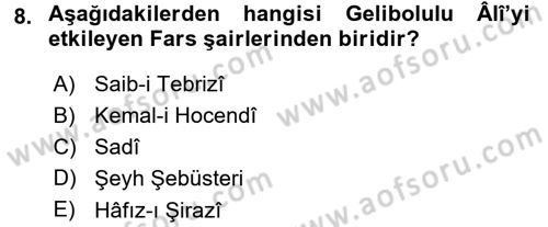 XVI. Yüzyıl Türk Edebiyatı Dersi 2015 - 2016 Yılı (Final) Dönem Sonu Sınav Soruları 8. Soru