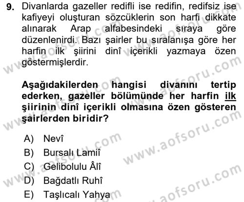 XVI. Yüzyıl Türk Edebiyatı Dersi 2015 - 2016 Yılı (Final) Dönem Sonu Sınav Soruları 9. Soru