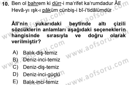 XVI. Yüzyıl Türk Edebiyatı Dersi 2015 - 2016 Yılı Tek Ders Sınav Soruları 10. Soru