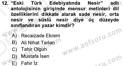 XVI. Yüzyıl Türk Edebiyatı Dersi 2015 - 2016 Yılı Tek Ders Sınav Soruları 12. Soru