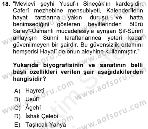 XVI. Yüzyıl Türk Edebiyatı Dersi 2015 - 2016 Yılı Tek Ders Sınav Soruları 18. Soru