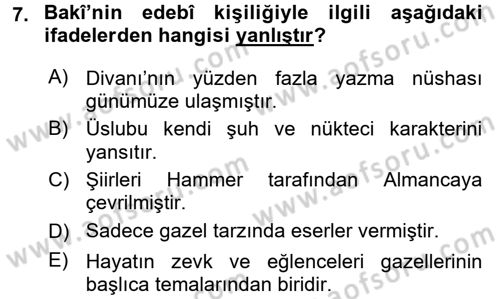 XVI. Yüzyıl Türk Edebiyatı Dersi 2015 - 2016 Yılı Tek Ders Sınav Soruları 7. Soru