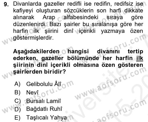 XVI. Yüzyıl Türk Edebiyatı Dersi 2015 - 2016 Yılı Tek Ders Sınav Soruları 9. Soru