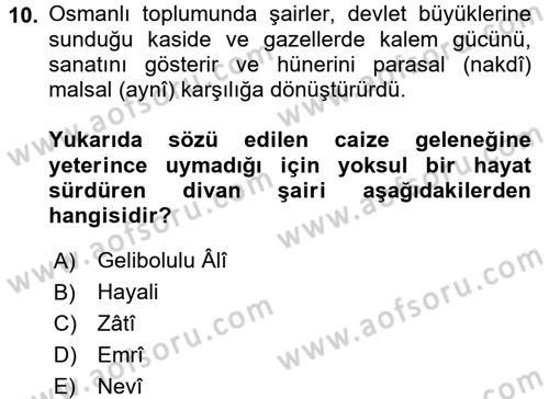 XVI. Yüzyıl Türk Edebiyatı Dersi 2016 - 2017 Yılı 3 Ders Sınav Soruları 10. Soru