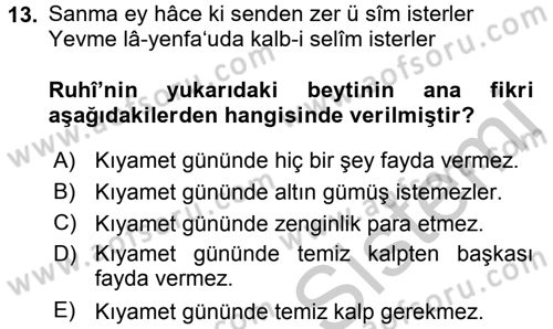 XVI. Yüzyıl Türk Edebiyatı Dersi 2016 - 2017 Yılı 3 Ders Sınav Soruları 13. Soru