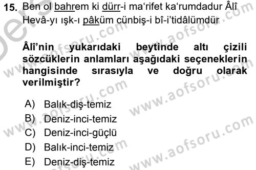 XVI. Yüzyıl Türk Edebiyatı Dersi 2016 - 2017 Yılı 3 Ders Sınav Soruları 15. Soru