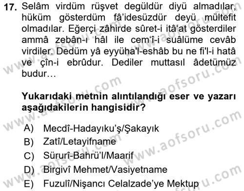 XVI. Yüzyıl Türk Edebiyatı Dersi 2016 - 2017 Yılı 3 Ders Sınav Soruları 17. Soru
