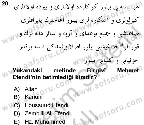XVI. Yüzyıl Türk Edebiyatı Dersi 2016 - 2017 Yılı 3 Ders Sınav Soruları 20. Soru