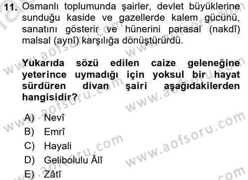 XVI. Yüzyıl Türk Edebiyatı Dersi Ara Sınavı Deneme Sınav Soruları 11. Soru