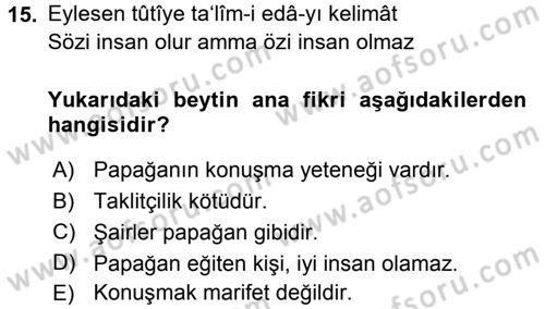XVI. Yüzyıl Türk Edebiyatı Dersi Ara Sınavı Deneme Sınav Soruları 15. Soru