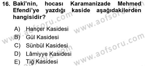 XVI. Yüzyıl Türk Edebiyatı Dersi 2016 - 2017 Yılı (Vize) Ara Sınavı 16. Soru