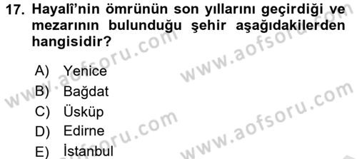 XVI. Yüzyıl Türk Edebiyatı Dersi Ara Sınavı Deneme Sınav Soruları 17. Soru