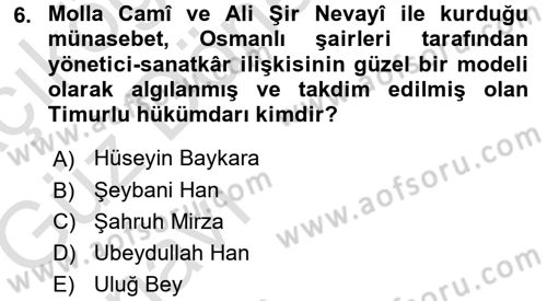 XVI. Yüzyıl Türk Edebiyatı Dersi Ara Sınavı Deneme Sınav Soruları 6. Soru