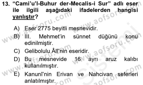 XVI. Yüzyıl Türk Edebiyatı Dersi 2016 - 2017 Yılı (Final) Dönem Sonu Sınav Soruları 13. Soru