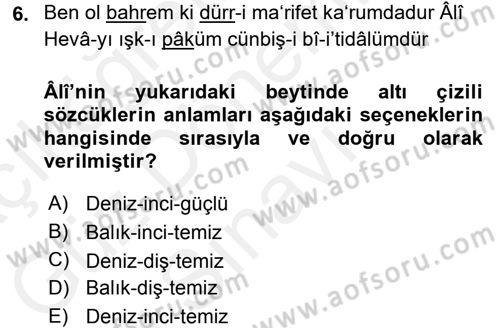 XVI. Yüzyıl Türk Edebiyatı Dersi 2016 - 2017 Yılı (Final) Dönem Sonu Sınav Soruları 6. Soru