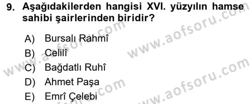XVI. Yüzyıl Türk Edebiyatı Dersi 2016 - 2017 Yılı (Final) Dönem Sonu Sınav Soruları 9. Soru